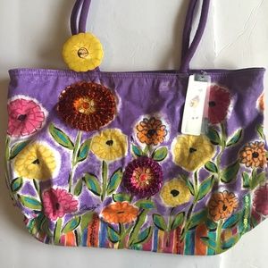 NEW Sun and Sand Anne Ormsby Canvas Tote. Floral print with Sequined Flowers.